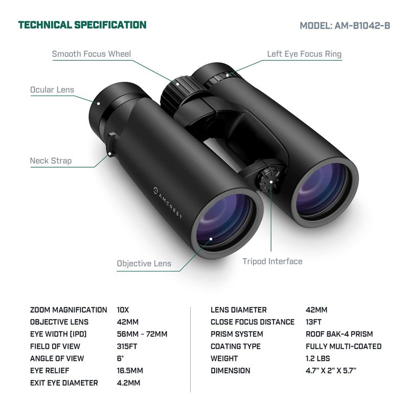 Amcrest 10x42 Roof Prism Binoculars for Adults, HD Professional Binoculars for Bird Watching, Travel, Stargazing, Hunting, Concerts, Sports, BAK-4 Prisms, Smart Phone Adaptor for Photography - Image 4
